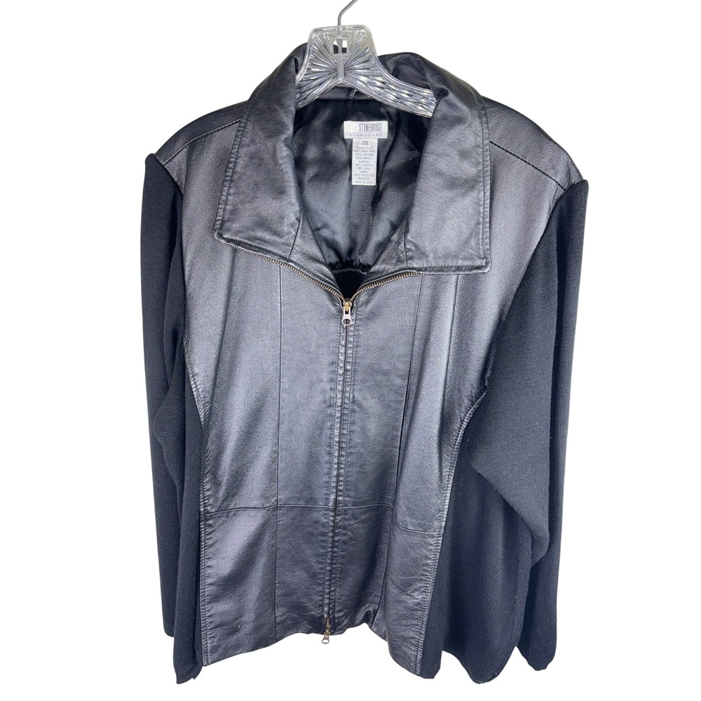 Stonebridge Signature Womens 2X Black Leather Knit Mixed Media Zip Jacket Coat